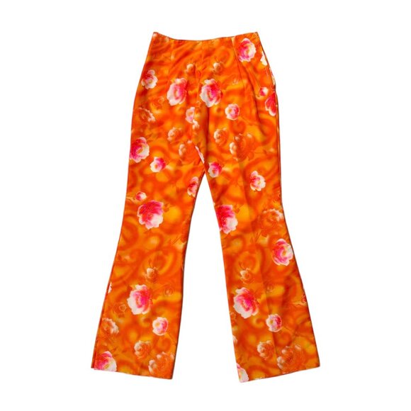 60s vintage highwaisted flare pants psychedelic pattern print orange roses. - Picture 7 of 7